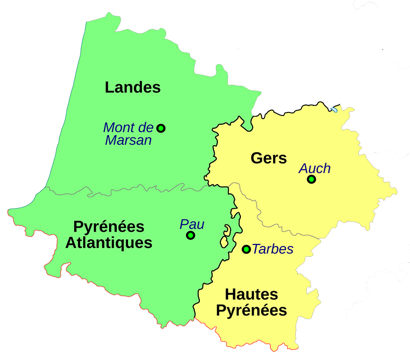 Carte Landes, Pyrenees-atlantiques, hautes-pyrenees, gers